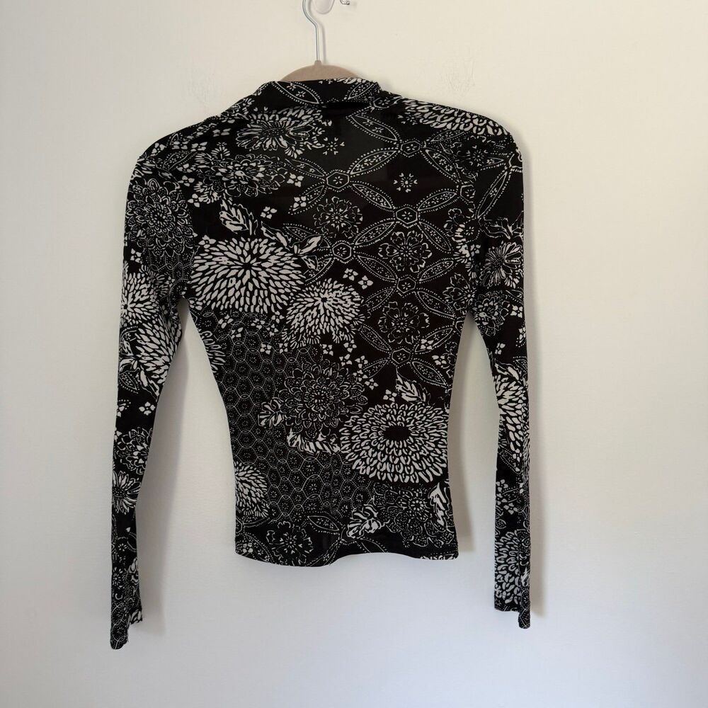 VTG Wet Seal Y2K Floral Patchwork Print Mesh Long Sleeve Top Shirt Black White S - Picture 4 of 5